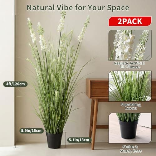 Crasraye Artificial Grass Plant with White Delphinium Silk Flowers 4ft 2-Pack, Fake Ornamental Onion Grass in Pot, 48in Tall Floor Grass Plants for Decor, Indoor Decorative Flowers & Plants - Thumbnail 2