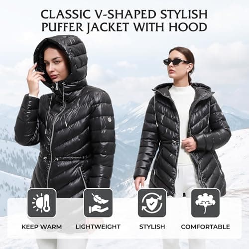BINACL Women's Thickened Modern Glossy Down Alternative Jacket, Extreme Cold Big Hood Winter Warm Shiny Padded Coat Outwear Parka Puffer Cotton Padding Outwear Workout Training Ski Jacket(Black M) - Thumbnail 2