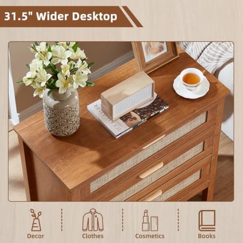 LEYAOYAO 31.5" Wide Rattan Nightstand, Large Boho 3 Drawer Night Stand, Tea Brown Bedside Table with Storage, Tall Bed Side End Tables, Chest of Drawers Dressers for Bedroom, Living Room, Hallway - Thumbnail 5