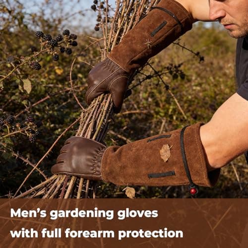 Aegend Gardening Gloves Men, Long Elbow Cuff with Adjustable Strap, Sun & Dirt Protection, Cowhide Leather, Breathable & Comfortable Yard Work, Fit Large Hands for Gardeners (Brown, XL) - Thumbnail 2