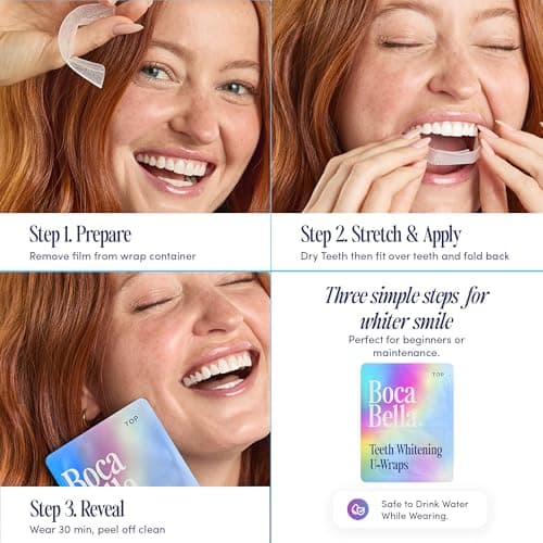Boca Bella Teeth Whitening U-Wraps – 10 Treatments – 15% Hydrogen Peroxide, Enamel-Safe, No Harsh Sensitivity – Patented Strip Design with Aloe, Calendula & Peppermint – Fast, Even Whitening - Thumbnail 6