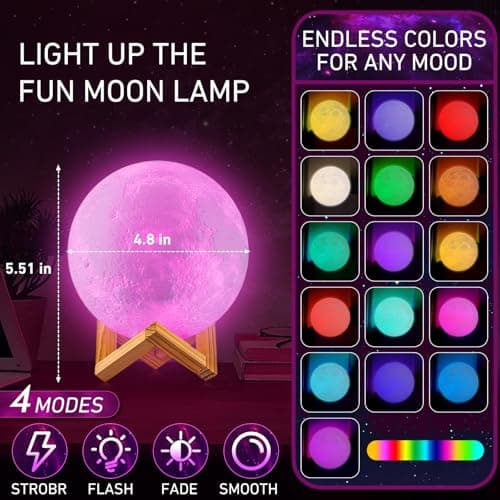 LOGROTATE Moon Lamp, 16 Colors LED Night Light for Kids 3D Printing Moon Light with Stand& Remote/Touch Control & Timing, Moon Light Lamp for Kid Friend Birthday Gifts, Room Decor (Diameter 4.8 INCH) - Thumbnail 4