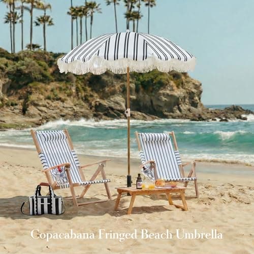 DEER LAND 6FT Stripe Fringe Beach Umbrella for Sand with Sand Anchor, UPF 50+ Sun Shade with Tassels, Adjustable Tilt Pole, Portable Coastal Umbrella for Beach & Pool, Heritage Black Stripe - Thumbnail 2