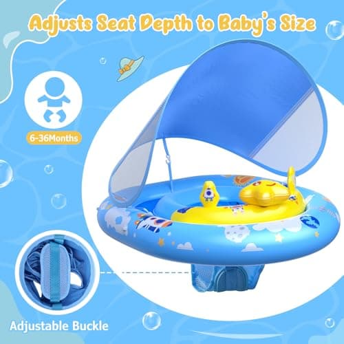 WayEee Baby Pool Float with UPF50+ Canopy - Inflatable Swim Float, Adjustable Safety Seat, Toy Play Console, Sun Protection for Baby 6-36 Months, Infant, Todder Summer Gift, Pool, Bathtub, Beach, Blue - Thumbnail 3