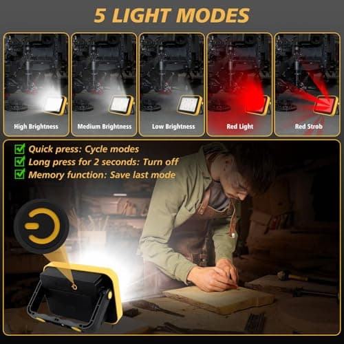 AUMIO 2-Pack Rechargeable Work Lights, COB Outdoor Portable LED Flood Light, Battery Operated Work Lights with Stand, Waterproof Working Light for Job Site Garage Camping Car Repair - Thumbnail 2