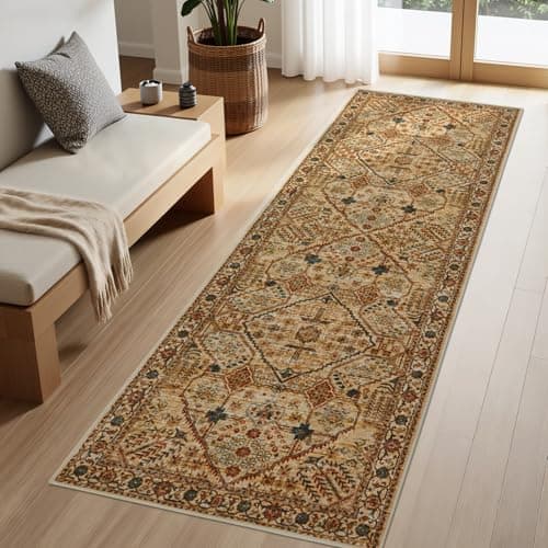 Joydeco Runner Rug 2x5 Non Slip Machine Washable Vintage Hallway Carpet Runner, Low Pile Lightweight Chenille Print Rugs for Entryway, Hallway, Bedroom, Kitchen and Corridor, Tan