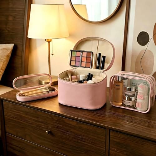 Eorakla Travel Toiletry Bag Set for Women, 3-Piece Makeup Organizer with TSA Approved Clear Bag & Brush Pouch, Waterproof Cosmetic Bags for Carry On (Pink) - Thumbnail 3