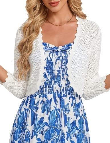 GRACE KARIN 3/4 Sleeve Cropped Cardigan for Women Open Front Bolero Shrugs for Women Dresses Crochet Fashion Clothing (White,S) - Image 1