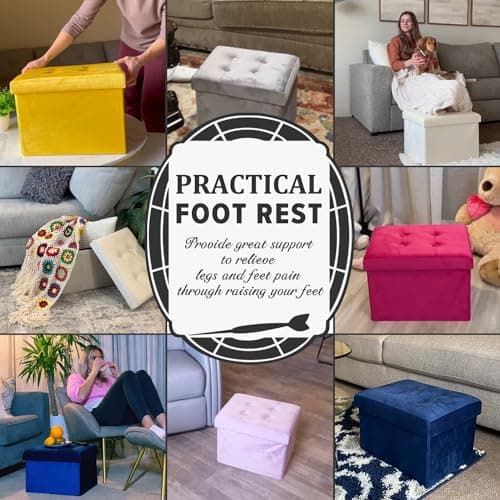 LINMAGCO Storage Ottoman Folding Foot Stool Velvet Foot Rest with Padded Modern Ottoman with Storage for Living Room Puppy Step Stool 17x13x13in(ROSEO) - Thumbnail 4