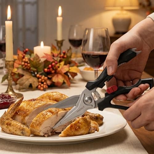 FINENUT Heavy Duty Kitchen Scissors with Peeler Sheath - Spring Loaded Poultry Shears for Chicken, Meat & Fish - Multipurpose Food Scissors with Safety Lock & Non-Slip Handle, Dishwasher Safe - Thumbnail 6