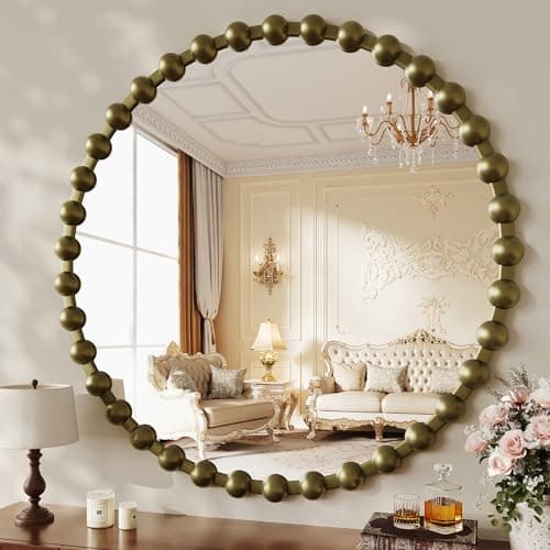 WISSMIELS Round Vintage Vanity Mirror, 36 Inch Beaded Frame Circle Wall Mirror for Bathroom, Bedroom Dresser, Entryway, Living Room, Decorative Hanging Wall Mirror, Bronze - Image 1