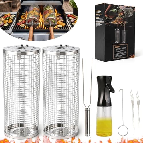 7-Piece BBQ Set, 2 Rolling Grill Baskets for Effortless Flipping,Grilling Tools or Fish,Shrimp,Meat,Vegetables,Fries Food,Outdoor Camping Grilling Accessories,Gifts for Men Dad Husband - Thumbnail 2