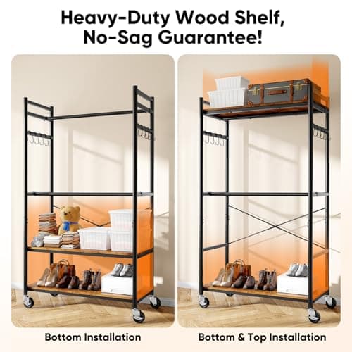 HOKEEPER Heavy Duty Rolling Clothes Rack, Metal Closet Organizer with Wood Shelves, Adjustable 70.9"~79.9" H x 39.3" W Freestanding Wardrobe for Bedroom, Max Load 450 LBS - Thumbnail 2