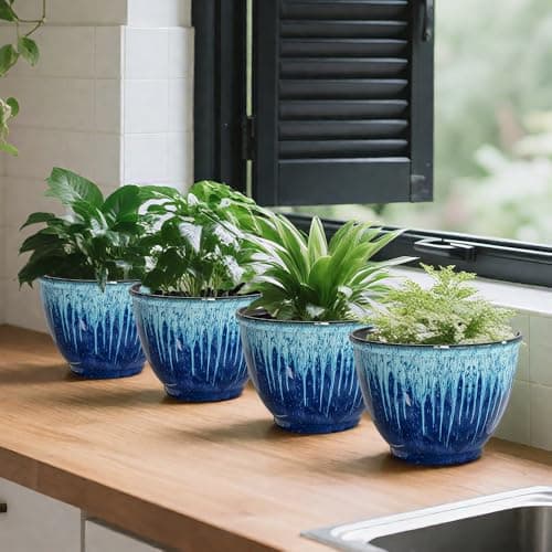 Flower Pots, 8 Inch Plastic Plant Pots for Plants, Set of 4 Planter for Indoor Outdoor Plants with Drainage Hole, Sleek Small Nursery Planting Pot for Home Garden Outdoor Planters(Blue Glaze) - Thumbnail 6