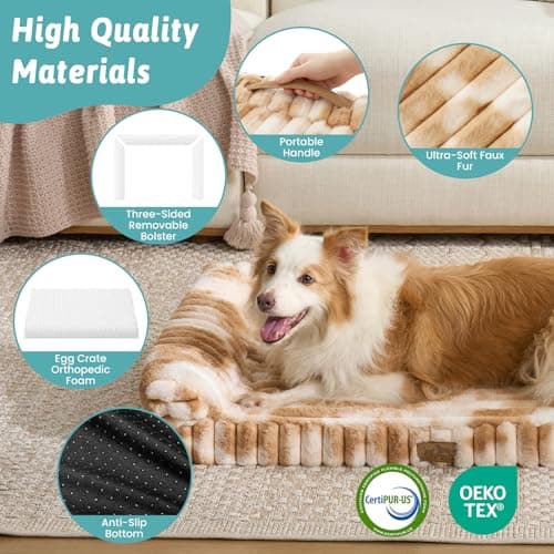 COZY KISS Ultra Soft Faux Rabbit Fur Dog Bed for Large Dogs – 44"x32" Orthopedic Foam Couch, Removable Washable Cover & Waterproof Lining, Tie-Dye Brown - Thumbnail 6