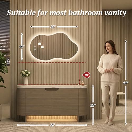 potijo Irregular Backlit Mirror with Lights 20"x36" Asymmetrical Cloud Mirror Led Bathroom Vanity Mirror for Wall Abstract (Horizontal/Vertical) - Thumbnail 2