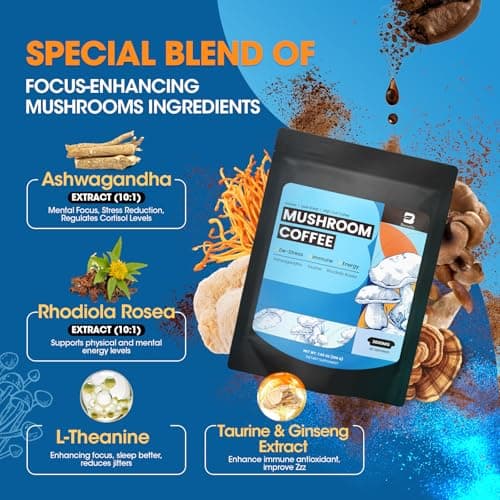 B BEWORTHS Mushroom Coffee Powder with Ashwagandha, L-theanine, Lion's Mane, Reishi, Chaga, Cordyceps, Turkey Tail, Ginseng | Arabica Instant Coffee for Immunity, Brain Focus, Gut Health | 60 Servings - Thumbnail 4