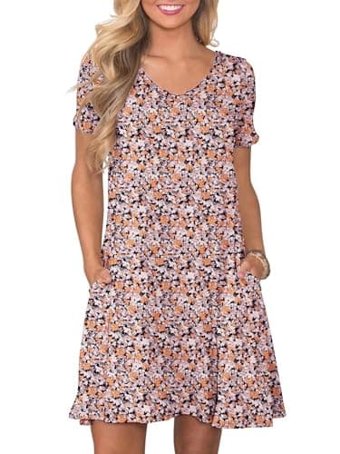 Moodclo Summer Dresses for Women Luxuriant Flowers Black XX-Large V Neck Short Sleeve Casual Loose T Shirt Sundress Knee Length Beach Cover Ups with Pockets - Image 1