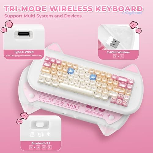 XVX C67 Wireless Mechanical Keyboard Cute Design, 60% Gaming Creamy Keyboard Custom QMK/VIA, BT5.0/2.4G/USB-C Mode, Hot Swappable Linear Switch RGB Backlits, Gasket Mount for Win/Mac(AcriCat, Pink) - Thumbnail 3