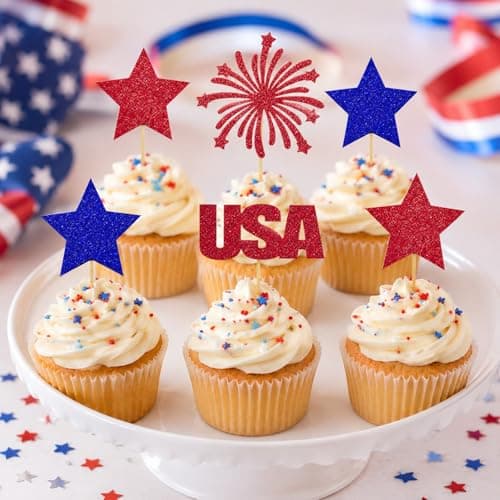 Oeyliz 4th of July Cupcake Toppers Independence Day Cupcake Toppers Patriotic Cupcake Topper 24Pcs Glitter Memorial Day Cupcake Picks Independence Day Cake Decorations for 4th of July Party Supplies - Thumbnail 2