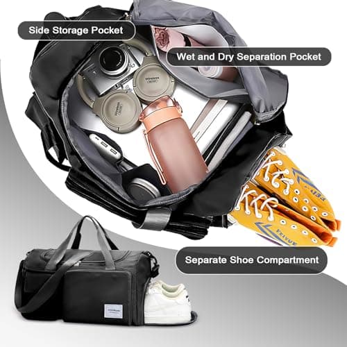 WOOMADA Foldable Travel Duffel Bag for Women, Weekender Bags with Shoes Compartment,Overnight Bag with Wet Pocket & Trolley Sleeve(Black) - Thumbnail 5