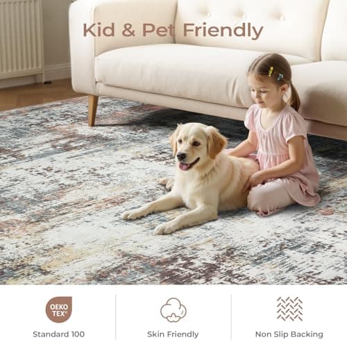 Carpelux 6x9 Area Rugs for Living Room, Abstract Rug with Non-Slip Rubber Backing, Machine Washable Modern Colorful Carpet, Bedroom Dining Under Table, Soft Low Pile, Rust Red - Thumbnail 4