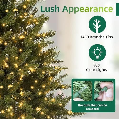 Aovotreena 6.5FT Pre-Lit Artificial Christmas Tree with 650 White Lights,1227 Mixed PE&PVC Branch Tips,Green Full Downswept Douglas Fir Xmas Tree,Foldable Metal Base for Home, Party Holiday Décor - Thumbnail 4
