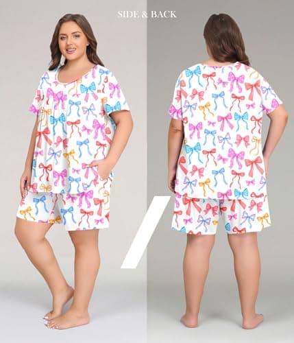 Lastshe Plus Size Pajama Set for Women Summer Sleeveless Tank Tops Shorts Pjs 2 Piece Soft Lounge Set with Pockets Sleepwear,White Bows-3X - Thumbnail 5