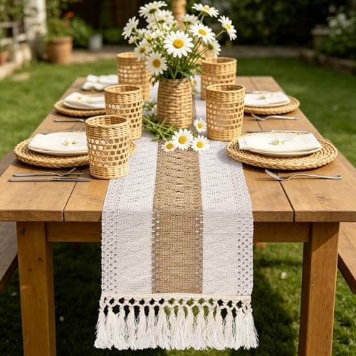 yuboo Boho Coffee Table Runner 48 Inch, Spring Farmhouse Burlap Dresser Runner Scarf, Rustic Macrame Runner for Round Table, TV Stand, Entryway Console, Neutral Easter Decor - Image 1