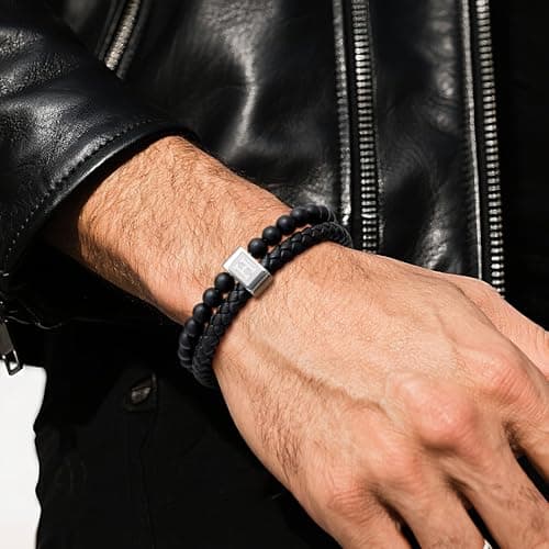 FLHEART Initial Black Leather Bracelet for Men, A-Z Letters Agate Stone Beaded Braided Leather Cuff Bracelets with Initial, Adjustable Wrist Bracelet for Mens Jewelry Gifts,7.5-8.3 Inches - Thumbnail 2