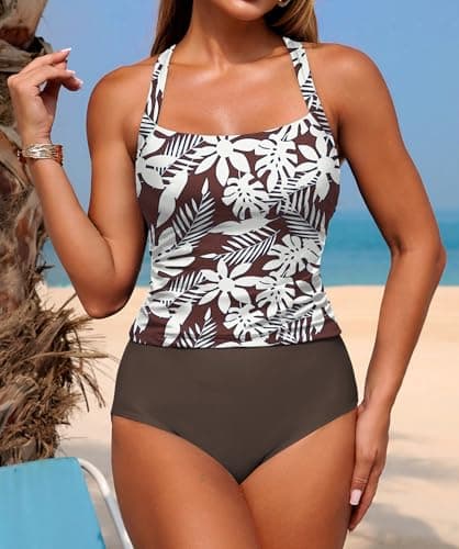 ZAFUL Two Piece Tankini Swimsuits for Women Tummy Control Bathing Suits Swim Tank Top with Bottom Girls Swimsuit Swimwear Bworn Floral L - Thumbnail 2