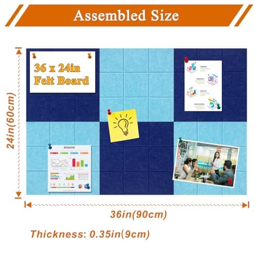 HULAVO Large Square Felt Cork Board Tiles, Self Adhesive DIY Felt Bulletin Board with 35 Pushpins for Office School Home Wall Decor Stickers Memos (Dark Blue & Sky Blue) - Thumbnail 5
