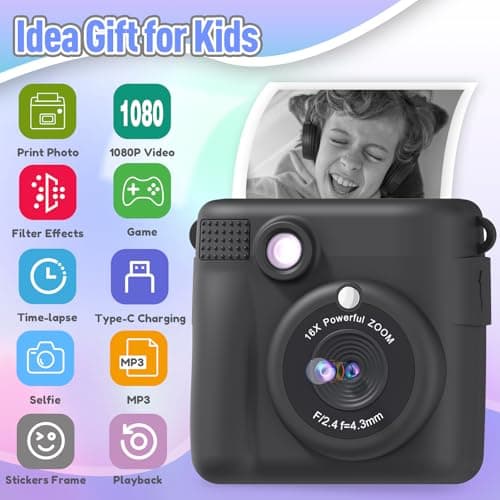 ESOXOFFORE Kids Camera Instant Print, Christmas Birthday Gifts for Kids Age 3-12, Selfie Digital Camera with 1080P Videos,Toddler Portable Travel Cameras Toy for 4 5 6 7 8 9 Year Old Boys Black - Thumbnail 2