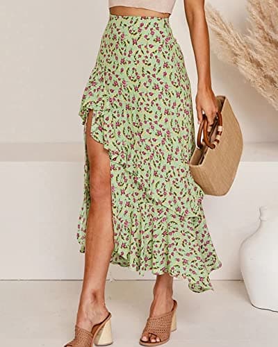 BTFBM Women 2026 Spring Summer Long Skirts Dress Boho Floral Elastic Waist Split Ruffle High Low Beach Maxi Skirt Clothes(Z-Green, X-Large) - Thumbnail 3