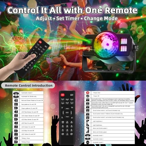 3-in-1 Disco Ball Party Lights, Sound Activated DJ Strobe Light with 60 Patterns, USB Powered Disco Light Projector for Room Decor, Glow Party Supplies, Birthday, Christmas, Halloween - Thumbnail 5