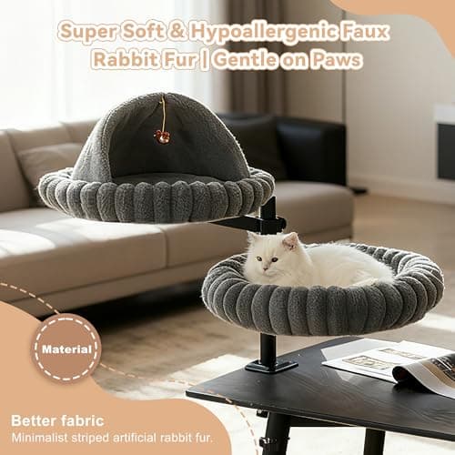 Dogpals 2-in-1 Cat Desk Bed: 360° Rotating & Height Adjustable Cat Tree with Semi-Enclosed & Open Layers, No-Drill Clamp for Desk up to 1.18" Thick, Supports 9lbs for Office, Grey - Thumbnail 4