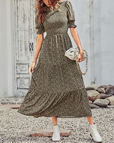 BTFBM Women Casual Summer Dresses 2026 Spring Crew Neck Ruffle Short Sleeve Smocked Floral Boho Flowy Maxi Dress Clothes(Floral Green, Medium) - Thumbnail 3