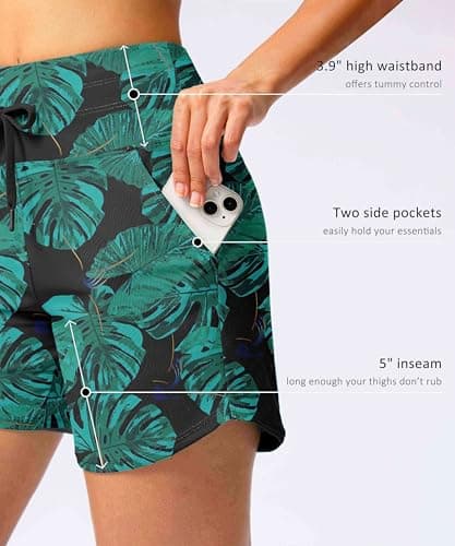 Viodia Women's 5" High Waisted Swim Board Shorts Quick Dry Beach Shorts with Pockets UPF 50+ Swimsuit Bottoms with Liner Leaf XL - Thumbnail 5