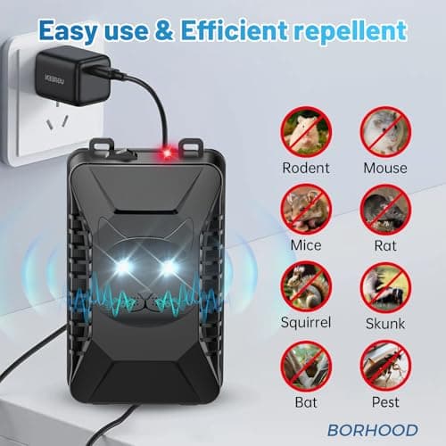 BORHOOD Ultrasonic Rodent Repellent, 2 Pack Plug-in Mouse Rat Pest Bat Squirrels Repellent for Car with Battery Powered Under Hood, Keep Mice Out of Cars Engines, Indoor, Garage, Storage Room-Black - Thumbnail 2