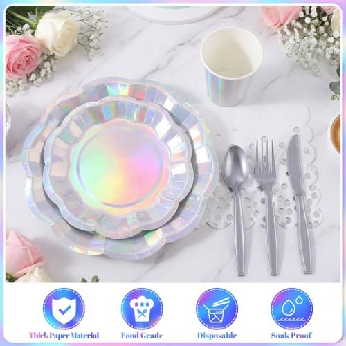 175 Pcs Iridescent Plates and Napkins Set, 25 Guest Iridescent Party Supplies Include Scalloped Plate Napkin Cup Forks Knives Disposable Plastic Cutlery for Birthda Bridal Wedding Disco - Thumbnail 4