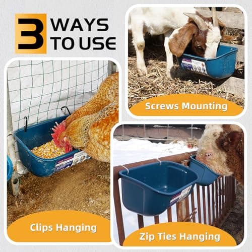 Goovilla Chicken Feeder Waterer, Hanging or Screw-in Fence Feeders with Clips, 2 Pack 5 Quart Goat Feeding Supplies, Duck Piglet Sheeple Coop Dog Livestock Poultry Plastic Feeder Trough Bucket, Blue - Thumbnail 3