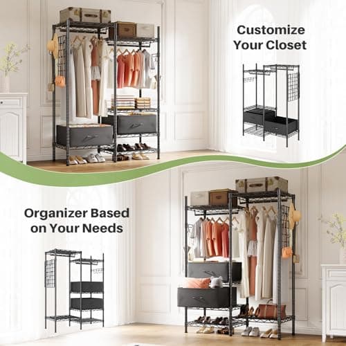 HOKEEPER Clothes Rack Heavy Duty Clothing Rack for Hanging Clothes Loads 1200LBS, Portable Closets Adjustable Garment Rack with Detachable Drawers, Side Mesh Board and Hooks 46.3"Wx16.9"Dx76.2"H Black - Thumbnail 6