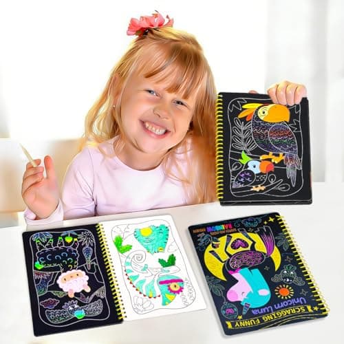 JUNQIU 2 Pack Animal & Unicorn Scratch Art for Kids, Rainbow Scratch Paper Art Notebook, Arts and Crafts for Boys Girls, Birthday Gifts Party Games - Thumbnail 2