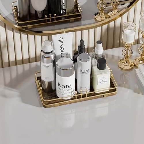 Pursura Bathroom Vanity Tray for Toiletries Makeup Perfume Candle Toilet Tank, Kitchen Tray for Soap Dispenser Spice Salt, Small Tray for Countertop Decor Coffee Nightstand 7.9”x4.4” Brown-Gold - Thumbnail 5