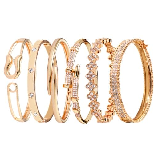 6-Piece 18K Gold Plated Bangle Bracelet Set for Women - Clover, Rivet & Safety Pin Designs, Stackable Trendy Jewelry, Zinc Alloy with Rhinestones, Tarnish & Oxidation Resistant, Gift for Her, Girlfriend, Wife, Mom, Sister, Lover on Birthday, Christmas, Valentine's Day, Mother's Day - Image 1