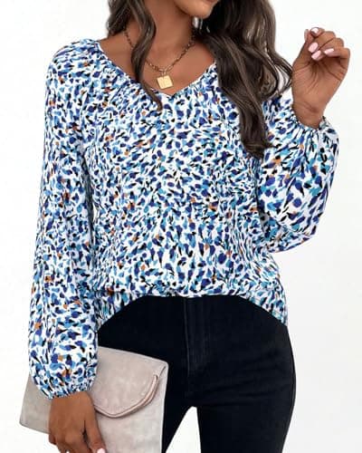 Zenlonr Womens Fall Tops Dressy Casual 2025 V Neck Satin Silk Printed Shirts Boho Long Sleeve Work Blouses(White Blue Flower,Small) - Thumbnail 3