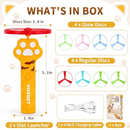 VOXGET Interactive Cat Flying Disc Launcher Toy, Rechargeable Disc Launcher with 8 Flying Discs, Enrichment Fetch Toys for Indoor Bored Kitten Adult Cats Hunting, Chase Toy for Dog Active Play(Yellow) - Thumbnail 4