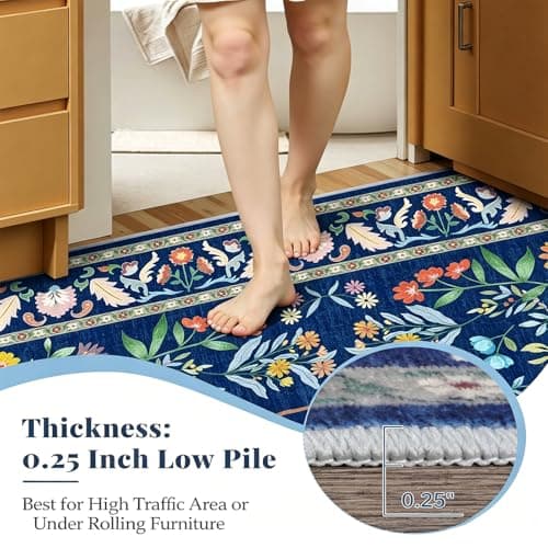 8x10 Blue Farmhouse Rugs for Living Room - Large Unique Washable Area Rug for Bedroom, Dining Room Under Table, Floral & Animal Design, Low Pile Soft Carpet - Thumbnail 5