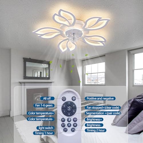 Dalouguan Ceiling Fan with Lights Remote Control, 26" White Low Profile Ceiling Fan with Light, Modern Leaf Geometric Flush Mount Ceiling Fan for Kitchen Bedroom - Thumbnail 6