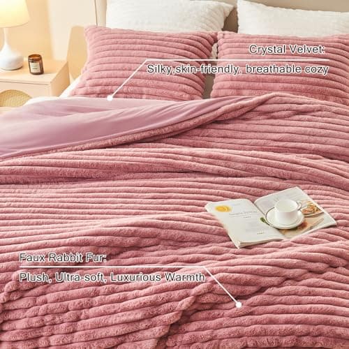 EMME Faux Fur Duvet Cover King Size, 3 Pieces Ultra Soft Fluffy Comforter Cover, Cozy Warm for Winter, Luxury Elegant Shaggy Striped Design Bedding, 1 Duvet Cover & 2 Pillow Shams (King, Old Pink) - Thumbnail 2